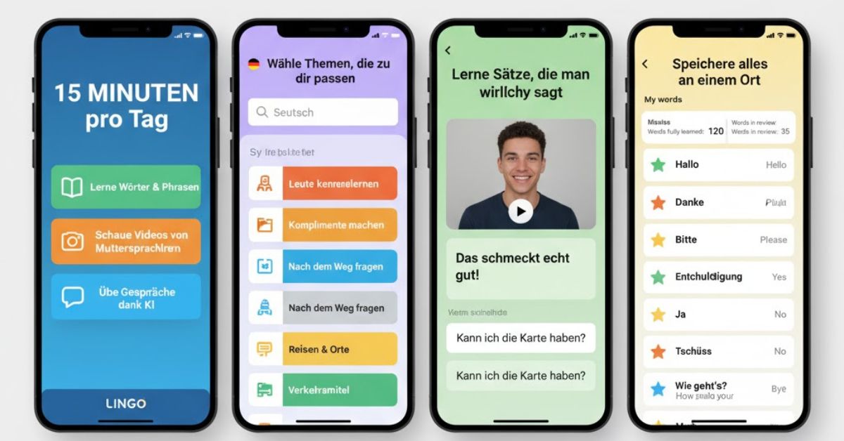 Die Busuu-Oberfläche mit interaktiven Übungen und Premium-Option ermöglicht den Zugang zu offiziellen Tests und CEFR-Zertifikaten