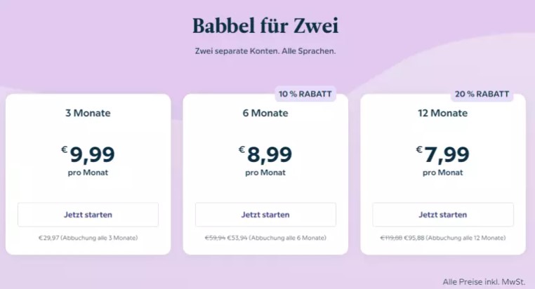 Babbel Kosten für den Zugang für Zwei