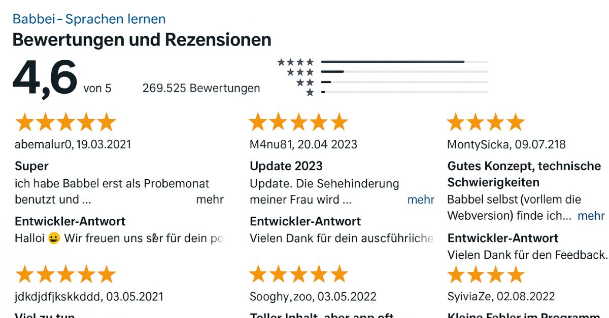 Babbel erhält 4,6 Sterne für seine kurzen, alltagsnahen Lektionen und abwechslungsreichen Übungen