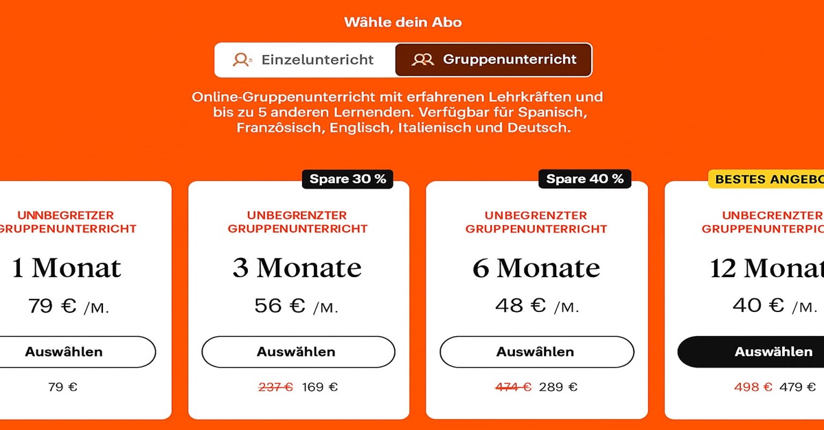 Preise für Babbel Live Gruppenstunden