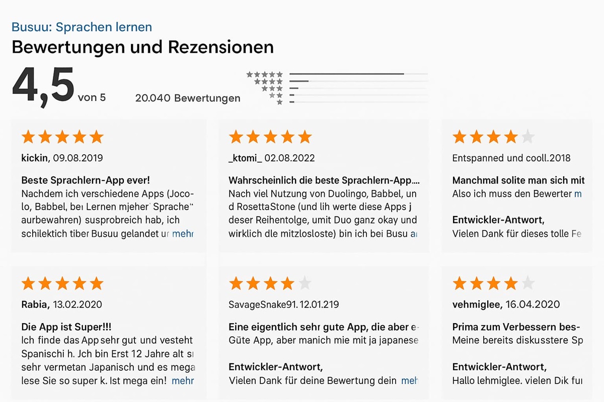 Busuu kann flexibel auf Computer und mobilen Geräten genutzt werden, Nutzer bevorzugen oft die App wegen weniger Werbung, sollten aber Lernerfolge auf beiden Plattformen überprüfen