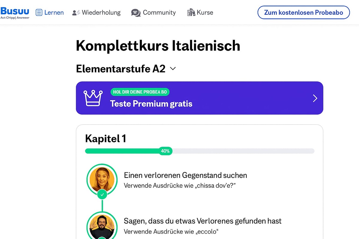 Das Busuu-Dashboard zeigt Lektionen und Tools übersichtlich für eine einfache Navigation