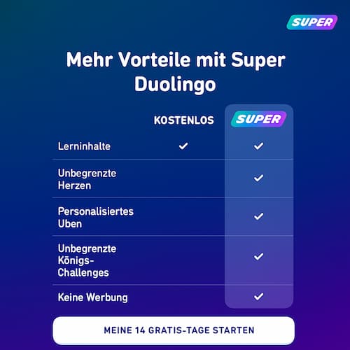 Super Duolingo bietet Vorteile wie schnelleres Lernen, werbefreies Lernen und die Möglichkeit, offline zu lernen