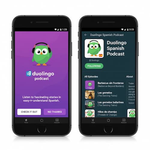 Um das Hörverständnis zu verbessern, bietet der Duolingo-Podcast authentische Geschichten, die leicht auf Spotify oder Apple Podcasts zu finden sind