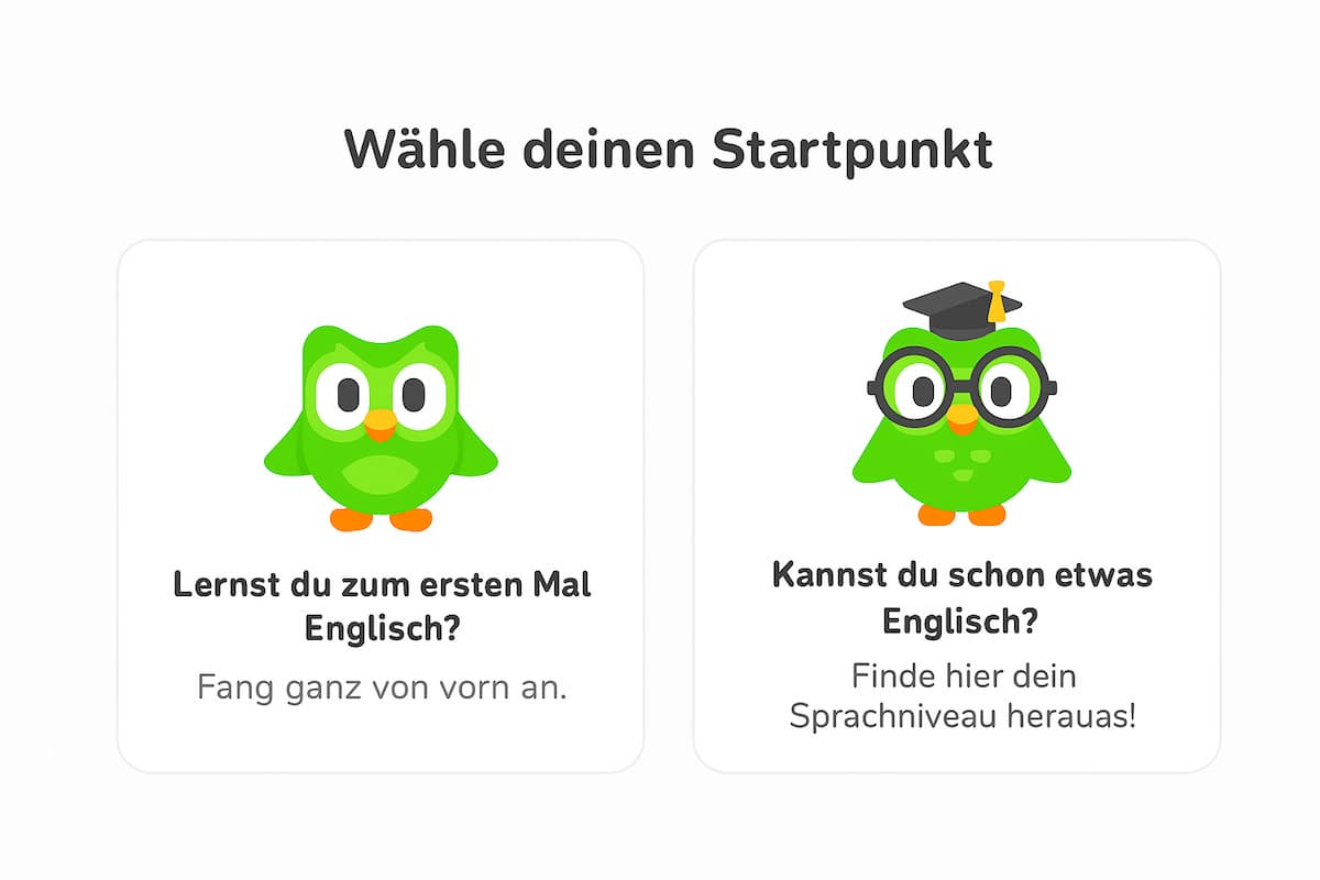 Duolingo führt Nutzer Schritt für Schritt Einstufungstest, Lernziel festlegen und tägliche Lernzeit wählen so bleibt das Lernen motivierend und strukturiert