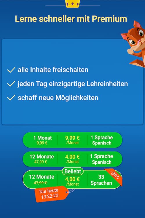 Das kostenpflichtige Abonnement von Mondly hilft den Nutzern, kontinuierlich Fortschritte zu machen und die Lernmotivation zu steigern