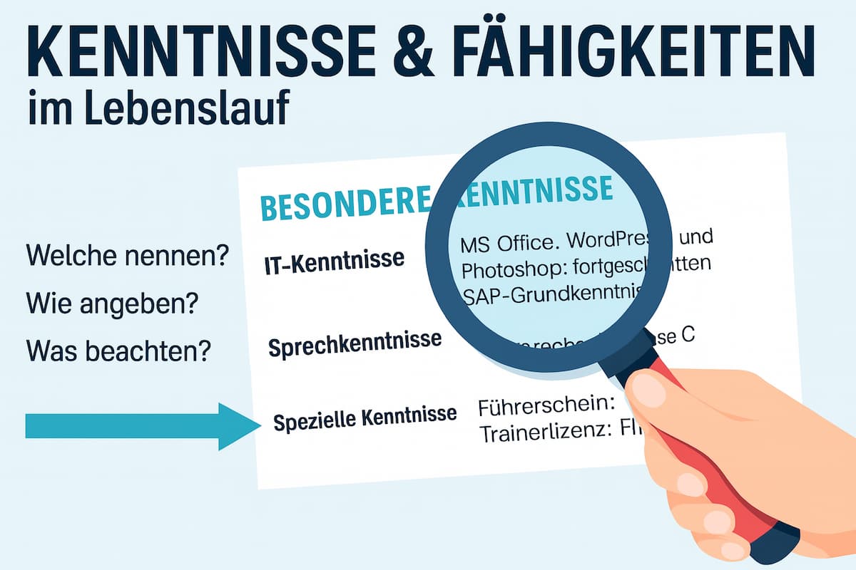 Der Abschnitt 'Kenntnisse' hebt relevante Fähigkeiten wie Sprachen, IT-Kenntnisse oder Zertifikate hervor und zeigt Ihren Mehrwert für das Unternehmen