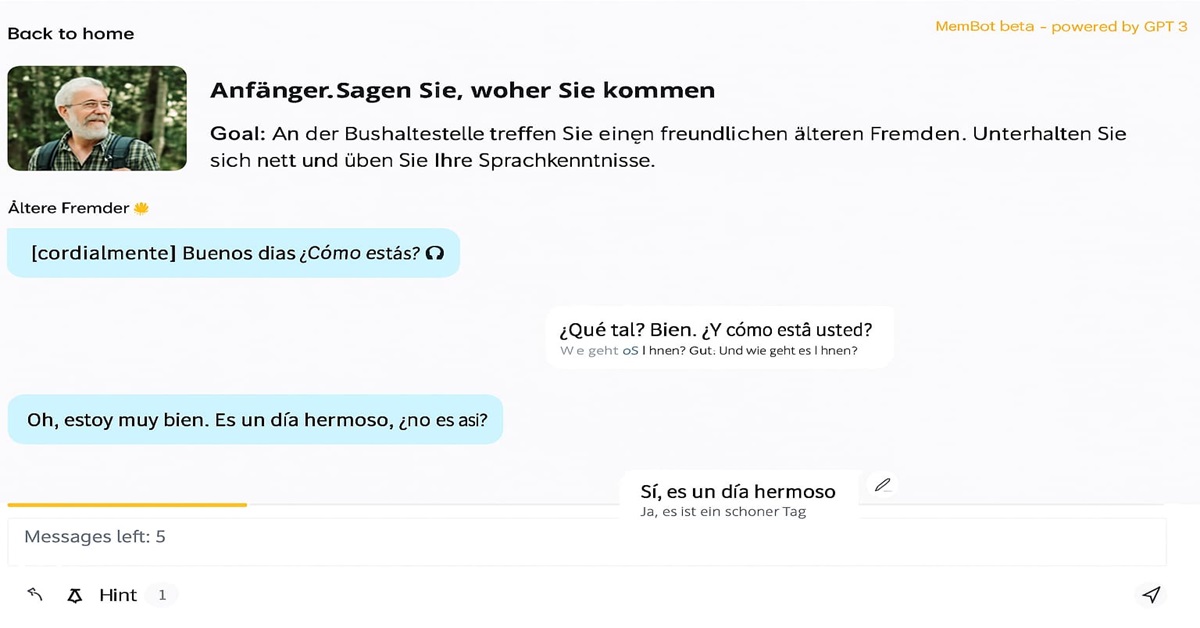 Übe Spanisch im realistischen KI-Chat und setze deinen Wortschatz lebendig ein – fast wie ein echtes Gespräch