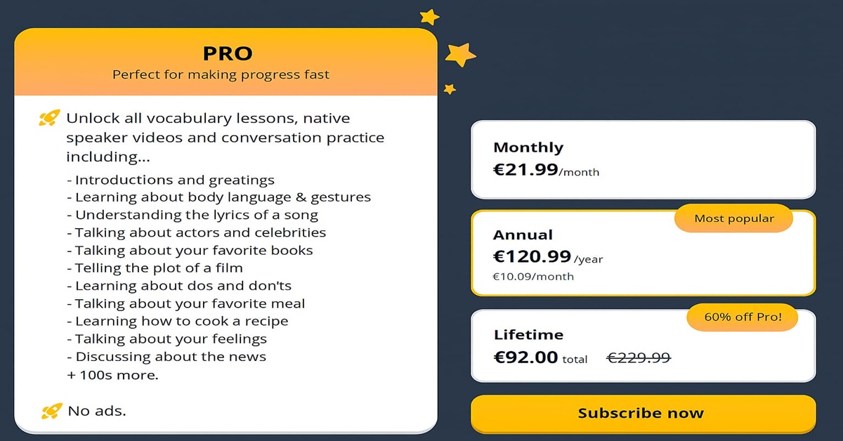 Entdecke alle Vorteile der Memrise Pro-Version für ein vollständiges, werbefreies Sprachenlernen ab nur 10,09 € pro Monat