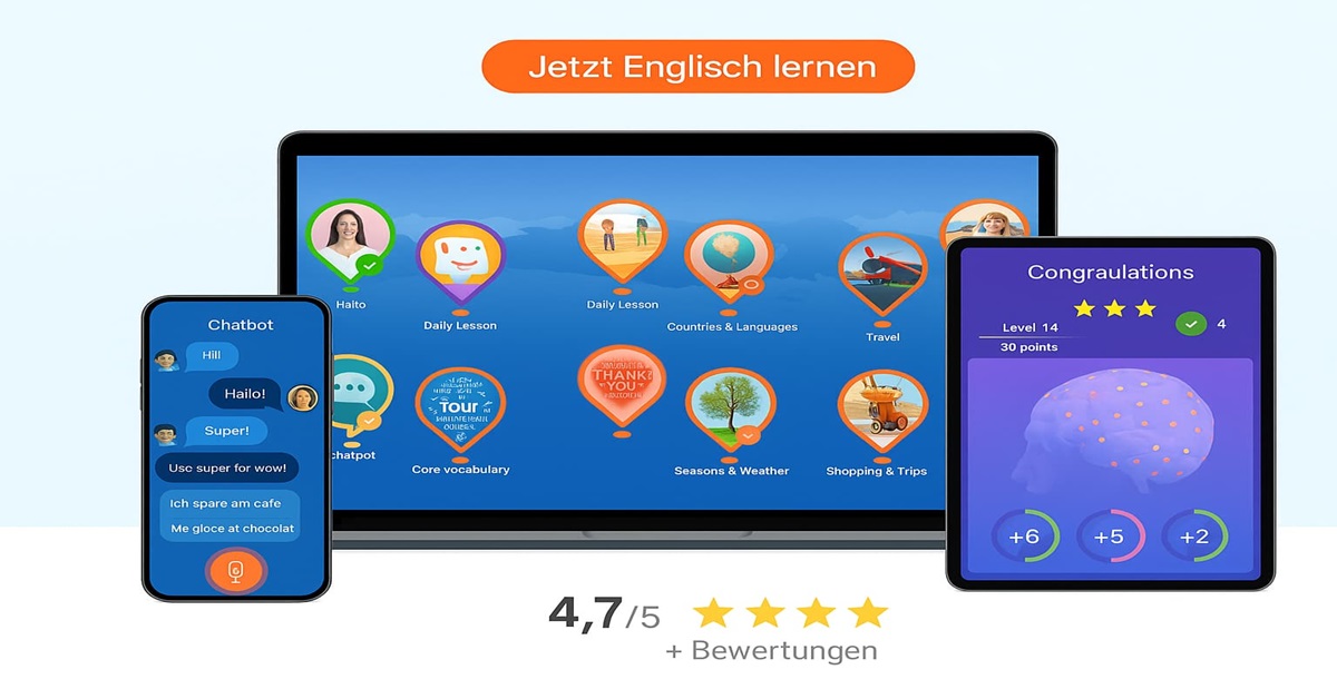 Mondly überzeugt sowohl auf Mobilgerät als auch im Web mit klarer Struktur und benutzerfreundlichem Design, das den Lernweg individuell anpasst