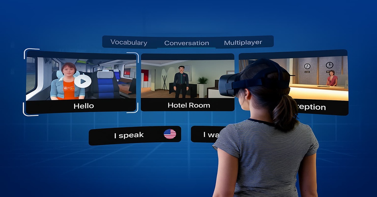Mit der VR-Erfahrung von Mondly tauchen Lernende in realistische Sprachsituationen ein und trainieren Kommunikation wie im echten Leben
