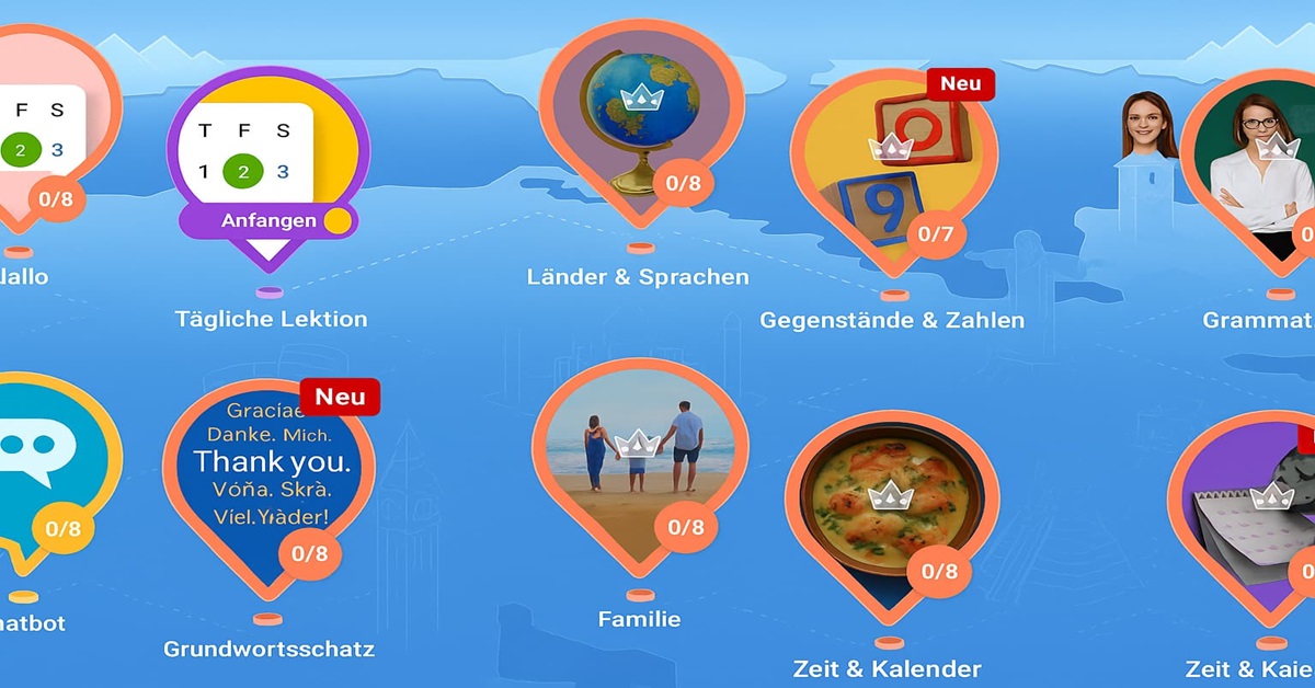 Der Lernweg in Mondly beginnt sanft – mit einem Einführungskurs und einem Chatbot, der die Grundlagen spielerisch festigt