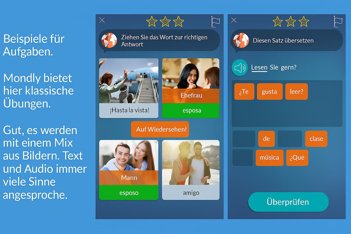 Die kostenlose Version von Mondly bietet nur einen eingeschränkten Einblick: sechs Einstiegseinheiten, ein Testgespräch mit dem Chatbot und einen einfachen Wortschatztest