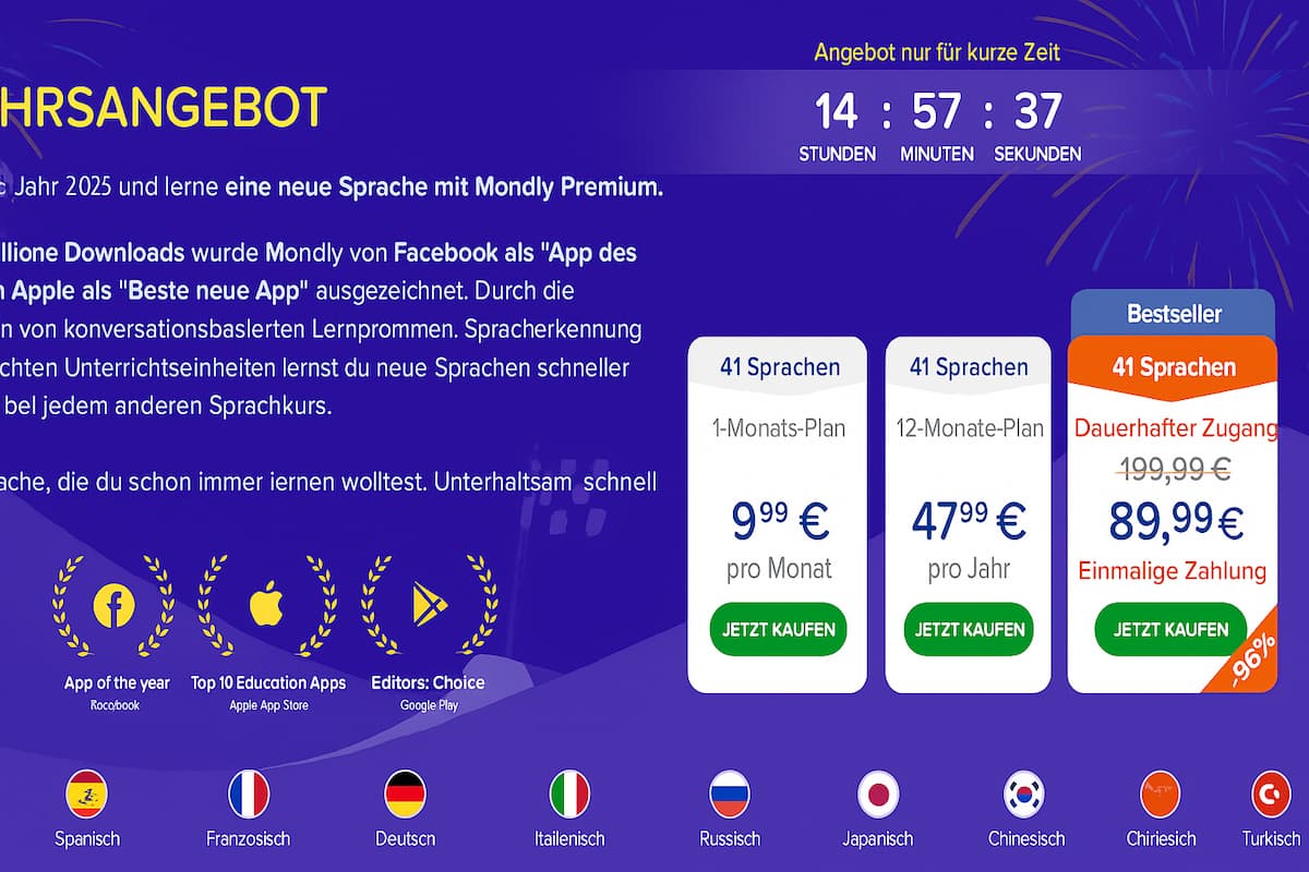 Das 12-Monats-Abo von Mondly volle Inhalte und erweiterte Lernfunktionen für nur 47,99 € pro Jahr