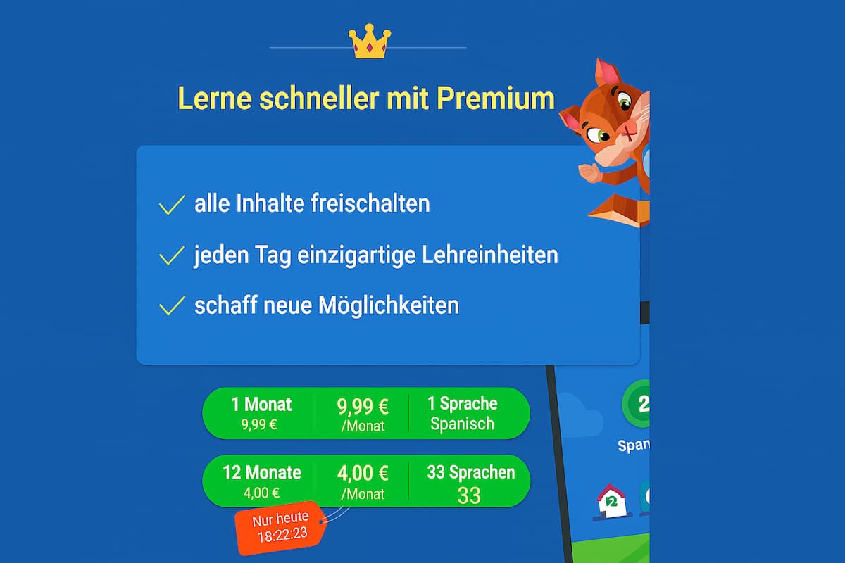 Mondly bietet kostenlose Anfängerlektionen mit wöchentlichen Tests; Vollzugang kostet 9,99 € pro Monat oder 47,99 € pro Jahr