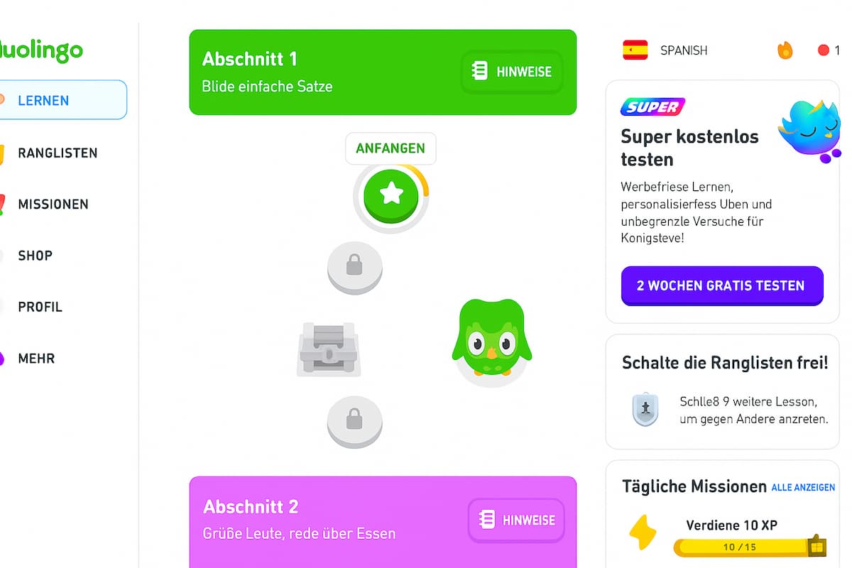 Duolingo nutzt Gamification für motiviertes Lernen, führt Grammatik schrittweise ein und verbindet Hören, Sprechen, Lesen und Schreiben