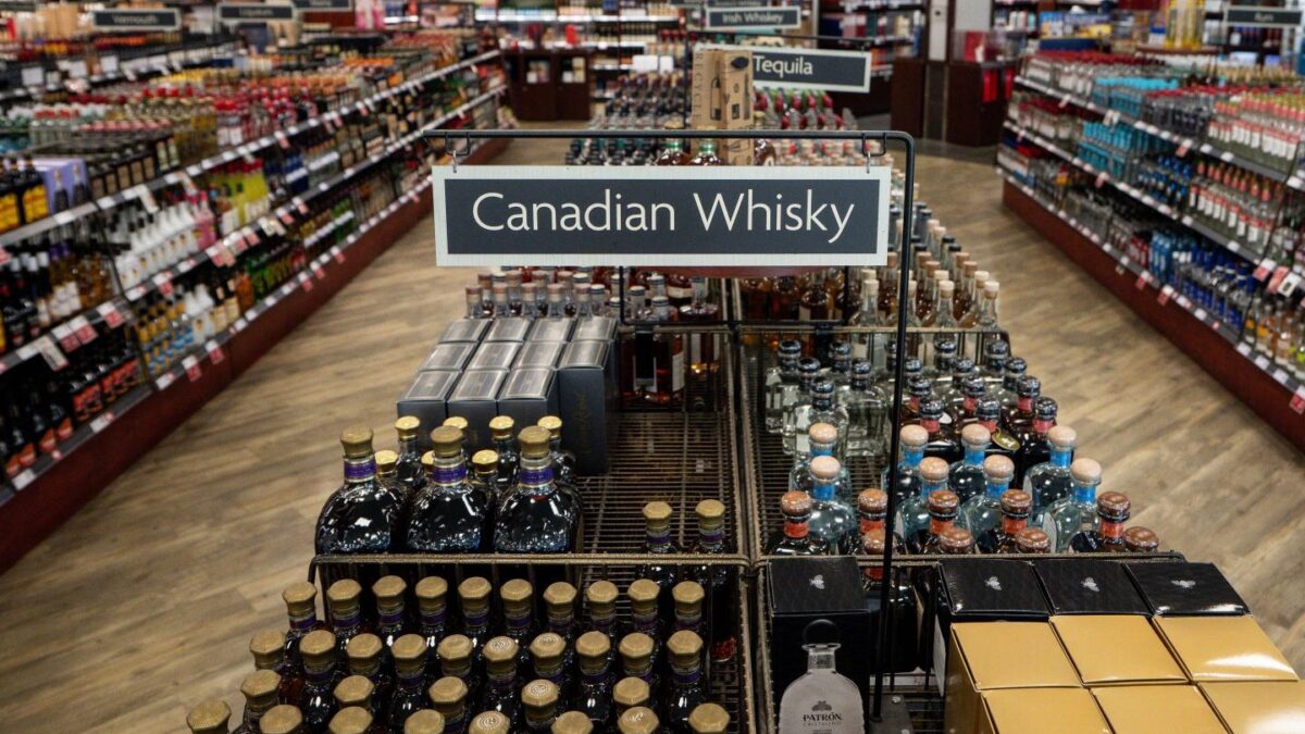 Canadian whisky is pictured at a British Columbia Liquor store in Vancouver on Aug. 25, 2026.
