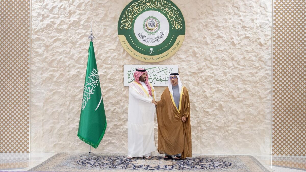 Saudi Arabian Crown Prince Mohammed bin Salman (L) greets Sheikh Mansour bin Zayed Al Nahyan (R), Vice President of the United Arab Emirates on May 19, 2023.
